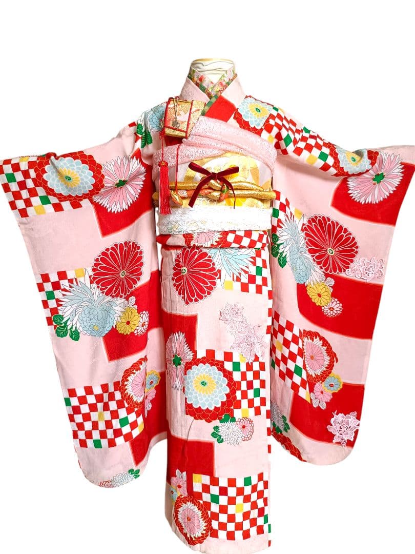 アンティーク格子模様の着物と白の作り帯☆七五三７歳セット