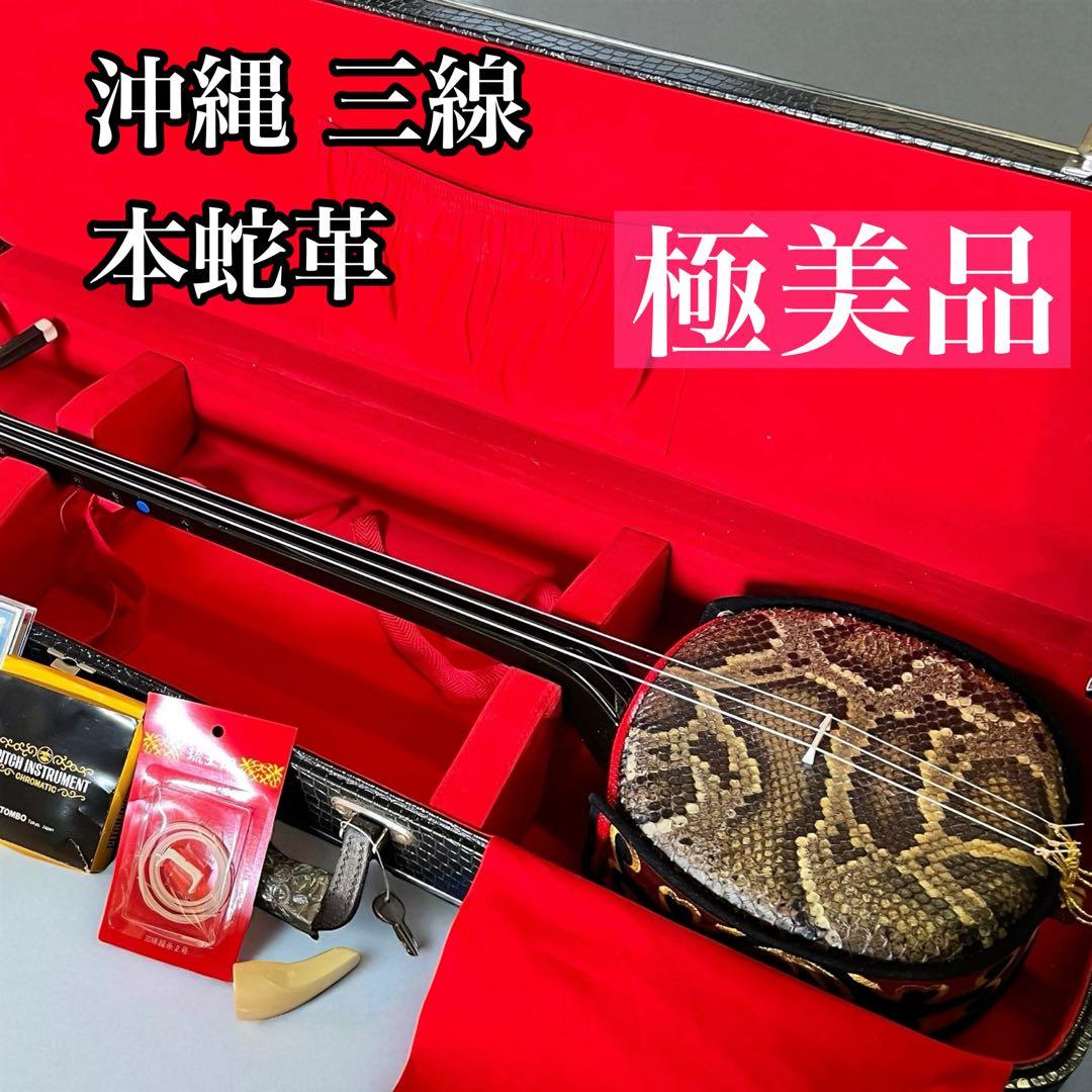 【極美品】沖縄 三線 本蛇革 強化張り 黒塗り棹 蛇皮 ハードケース 爪 調子笛