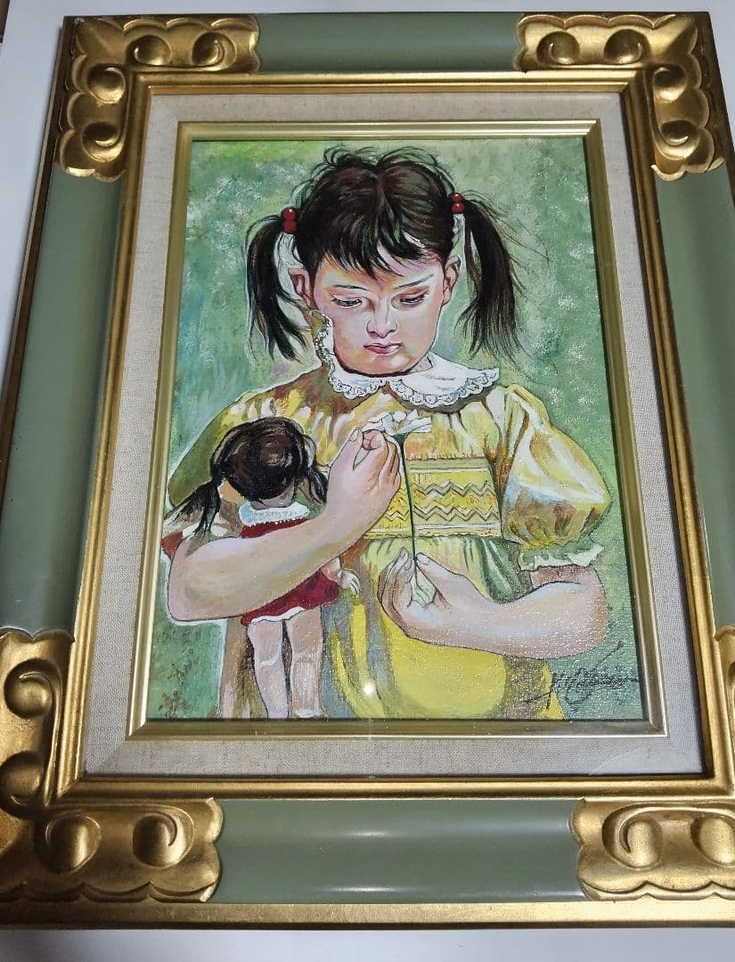 奥龍之介、絵画油彩、４号、幼なき少女、高級額縁、肉筆、東郷青児、高塚省吾。