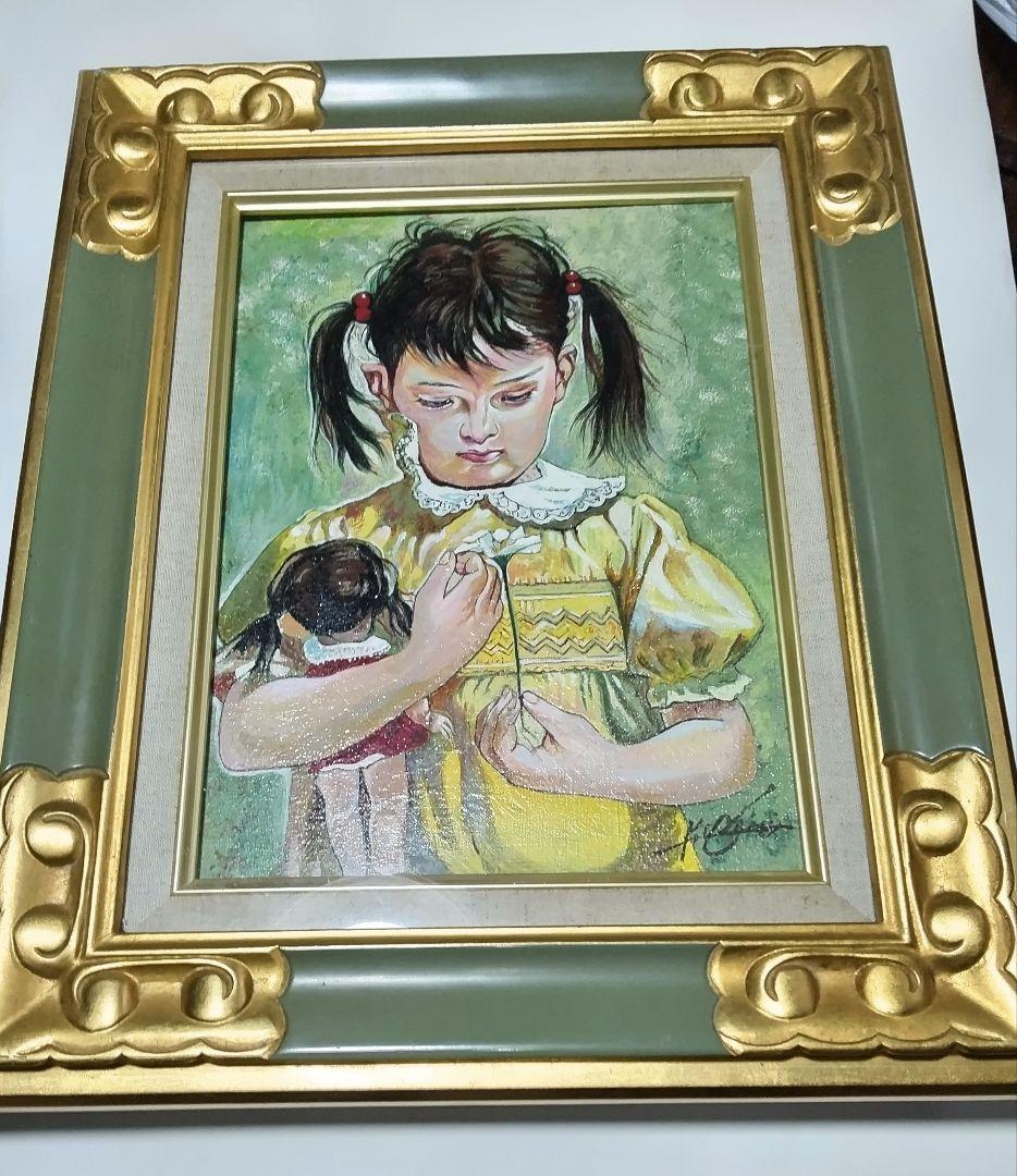 奥龍之介、絵画油彩、４号、幼なき少女、高級額縁、肉筆、東郷青児、高塚省吾。