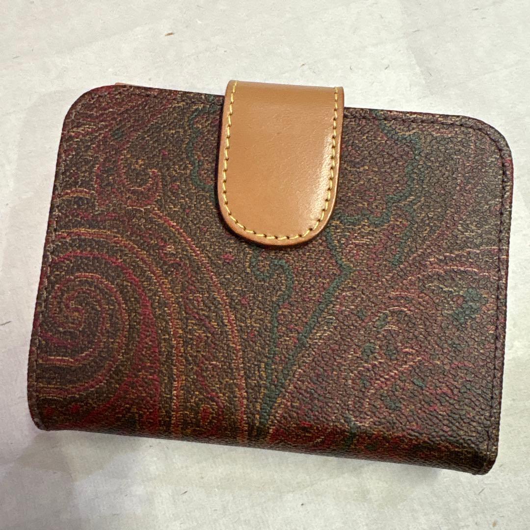 未使用ETRO エトロペイズリー柄ブラウン系 二つ折り財布ファスナーレザー