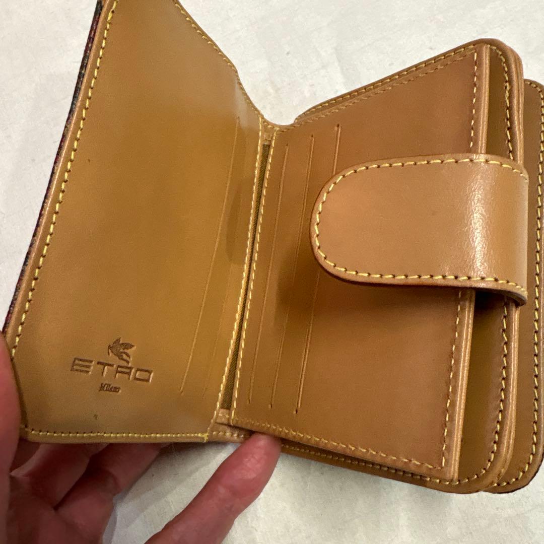 未使用ETRO エトロペイズリー柄ブラウン系 二つ折り財布ファスナーレザー