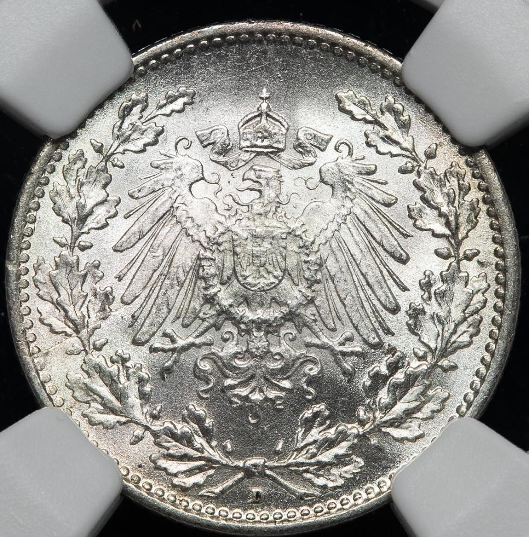 高鑑定　NGC-MS65　ドイツ帝国　1917D　 1/2Mark 　銀貨