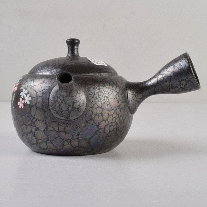 常滑焼　昭龍作　天目釉　福型小花文　急須　茶注　共箱　V　R9218