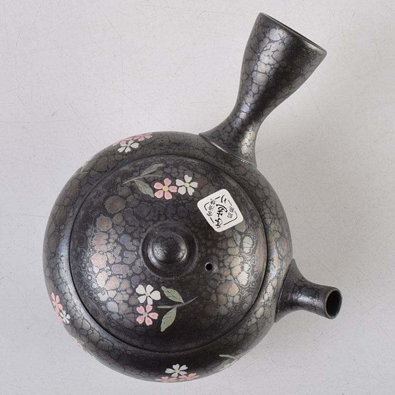 常滑焼　昭龍作　天目釉　福型小花文　急須　茶注　共箱　V　R9218