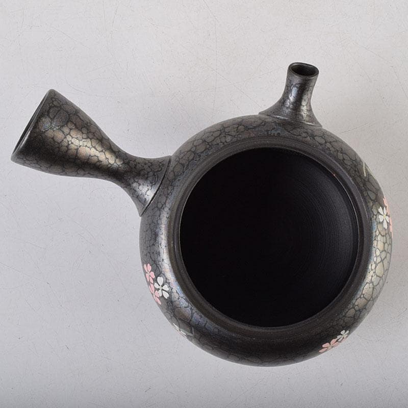 常滑焼　昭龍作　天目釉　福型小花文　急須　茶注　共箱　V　R9218