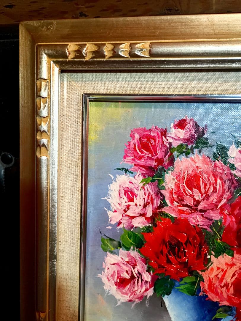 岸本芳雄 油彩　キャンバス　薔薇　花　バラ　F3号 赤　ピンク　シルバー