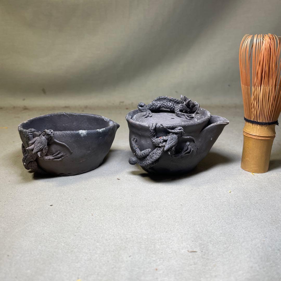 時代 備前双龍宝瓶湯冷炭化青備前 窯変 双竜　手造　煎茶道具　備前焼 急須茶器