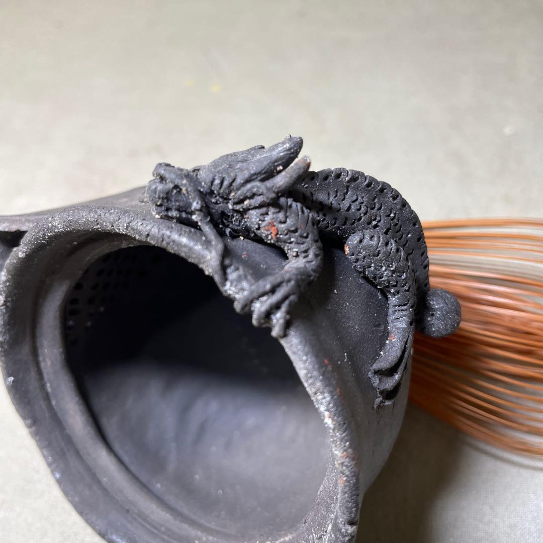 時代 備前双龍宝瓶湯冷炭化青備前 窯変 双竜　手造　煎茶道具　備前焼 急須茶器