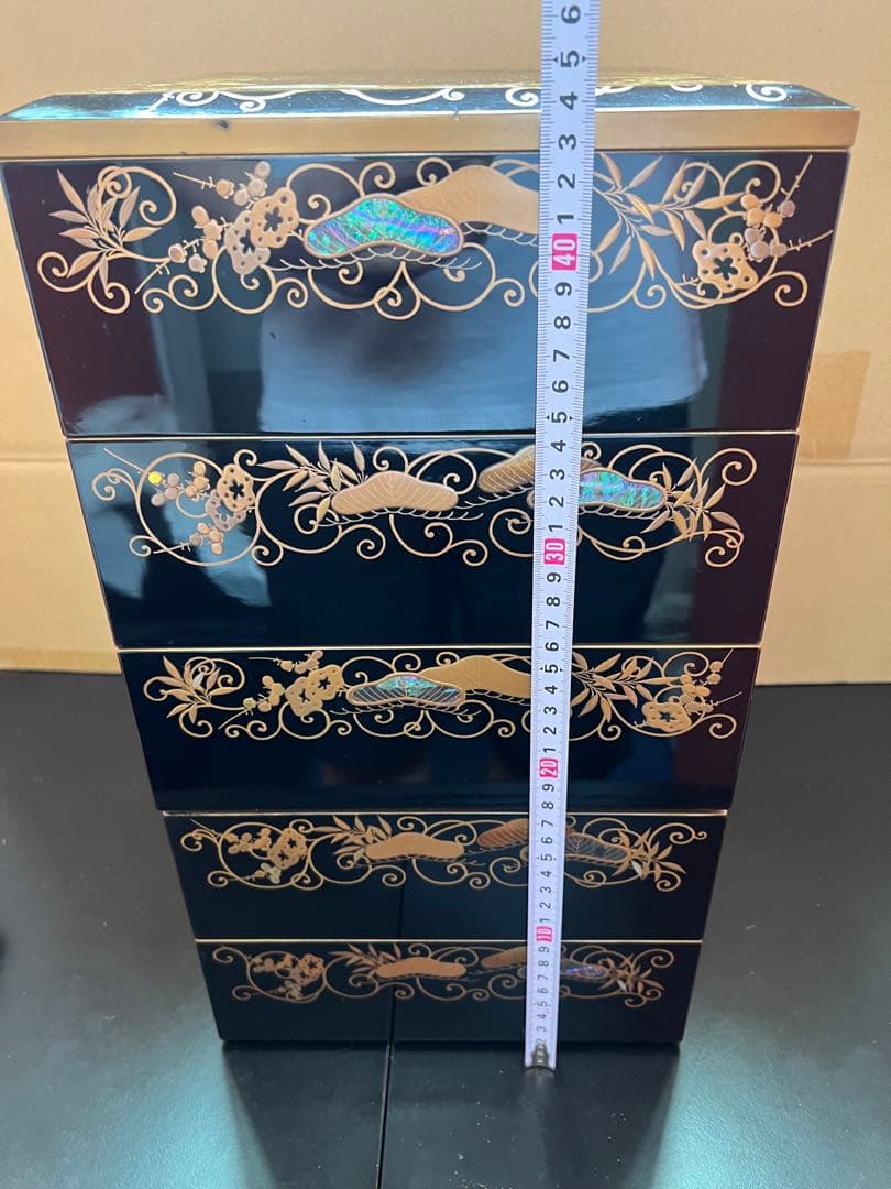 788  輪島塗り　黒漆塗り沈金重箱　金蒔絵　螺鈿　5重　高級　美品