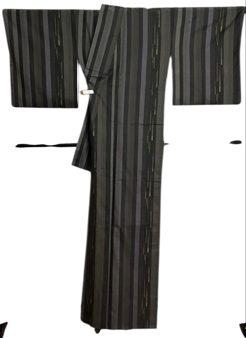 結城紬 はたおり娘 小紋 正絹 縦縞 美品 イ6477