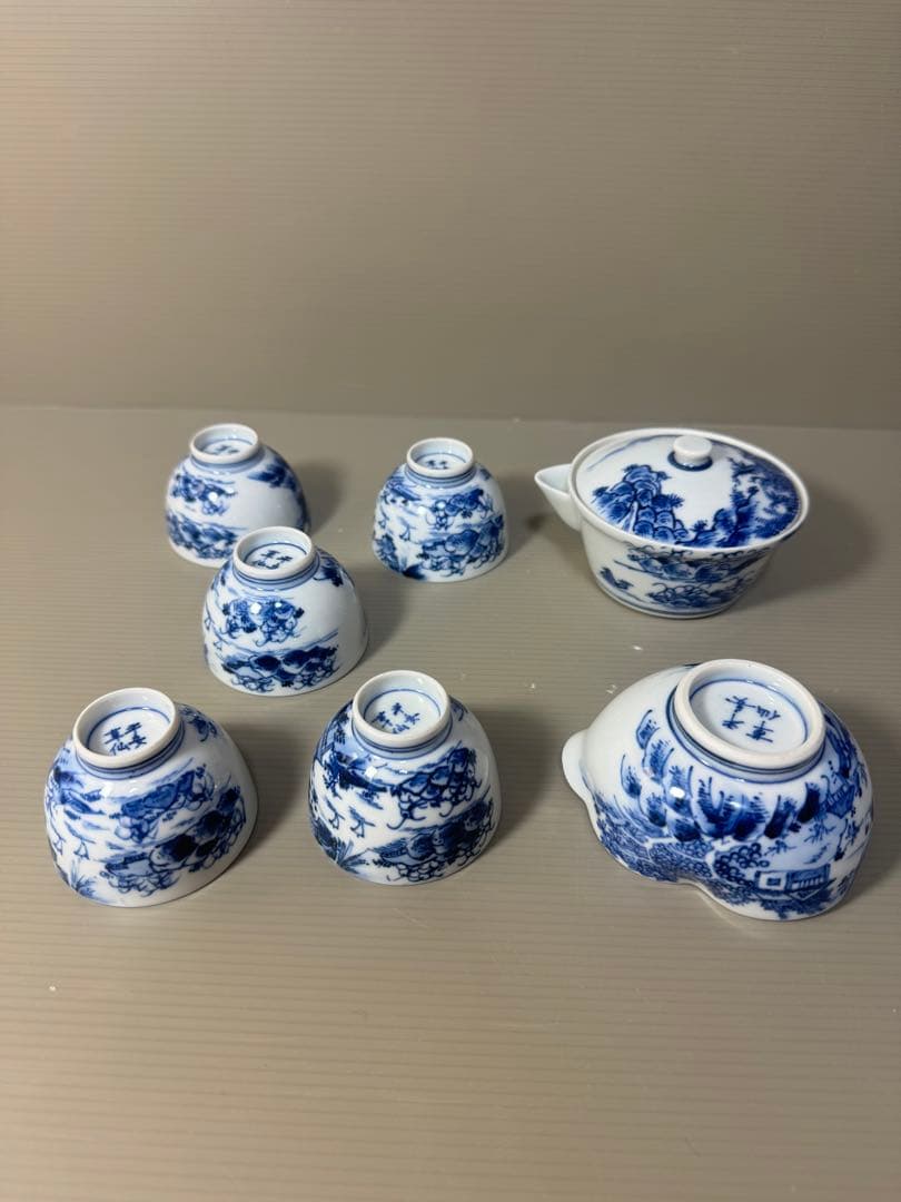 2334 平安草仙　染付青花　茶器セット　宝瓶1客　湯冷し1客　湯呑5客　鉢付き