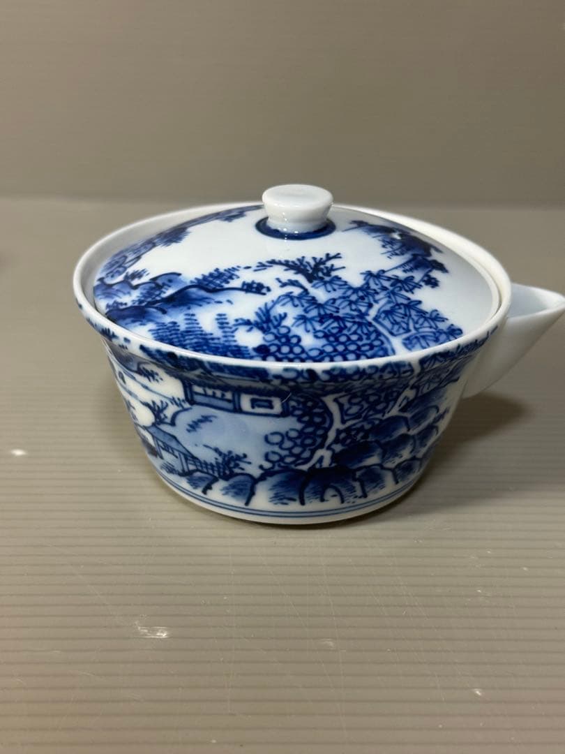 2334 平安草仙　染付青花　茶器セット　宝瓶1客　湯冷し1客　湯呑5客　鉢付き