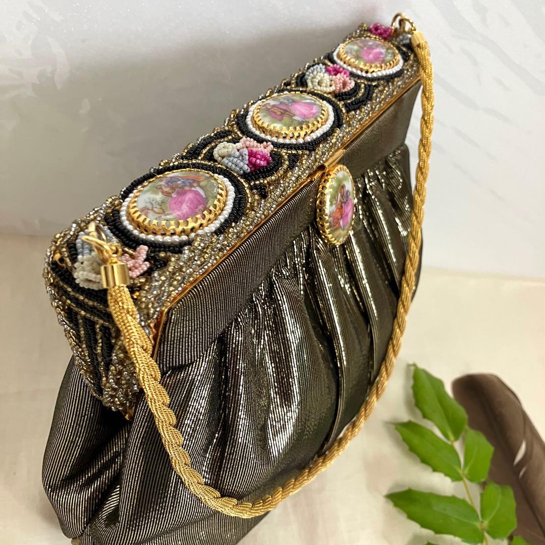 フランス　アンティークデザイン　パーティバッグ　シックゴールド＆陶器＆ビーズ