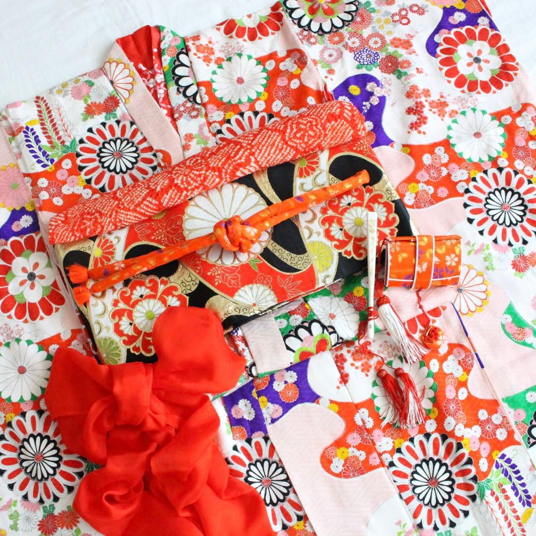 七五三 7歳 女の子 子供 アンティーク ピンク 正絹 着物 帯 セット