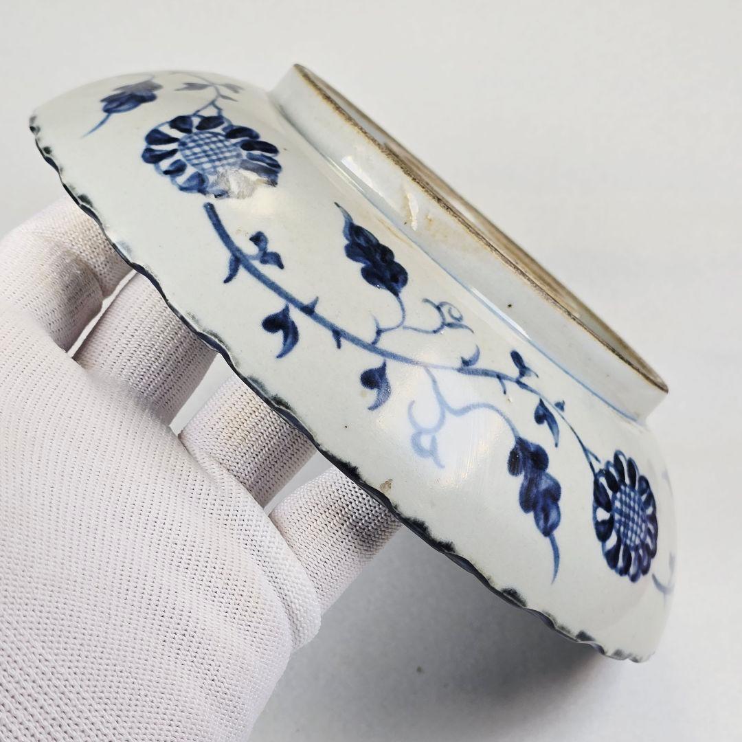 舶来古磁 青花染付 蘇麻離青釉 手絵 鳳紋花卉図 底海水紋 観賞皿 在銘