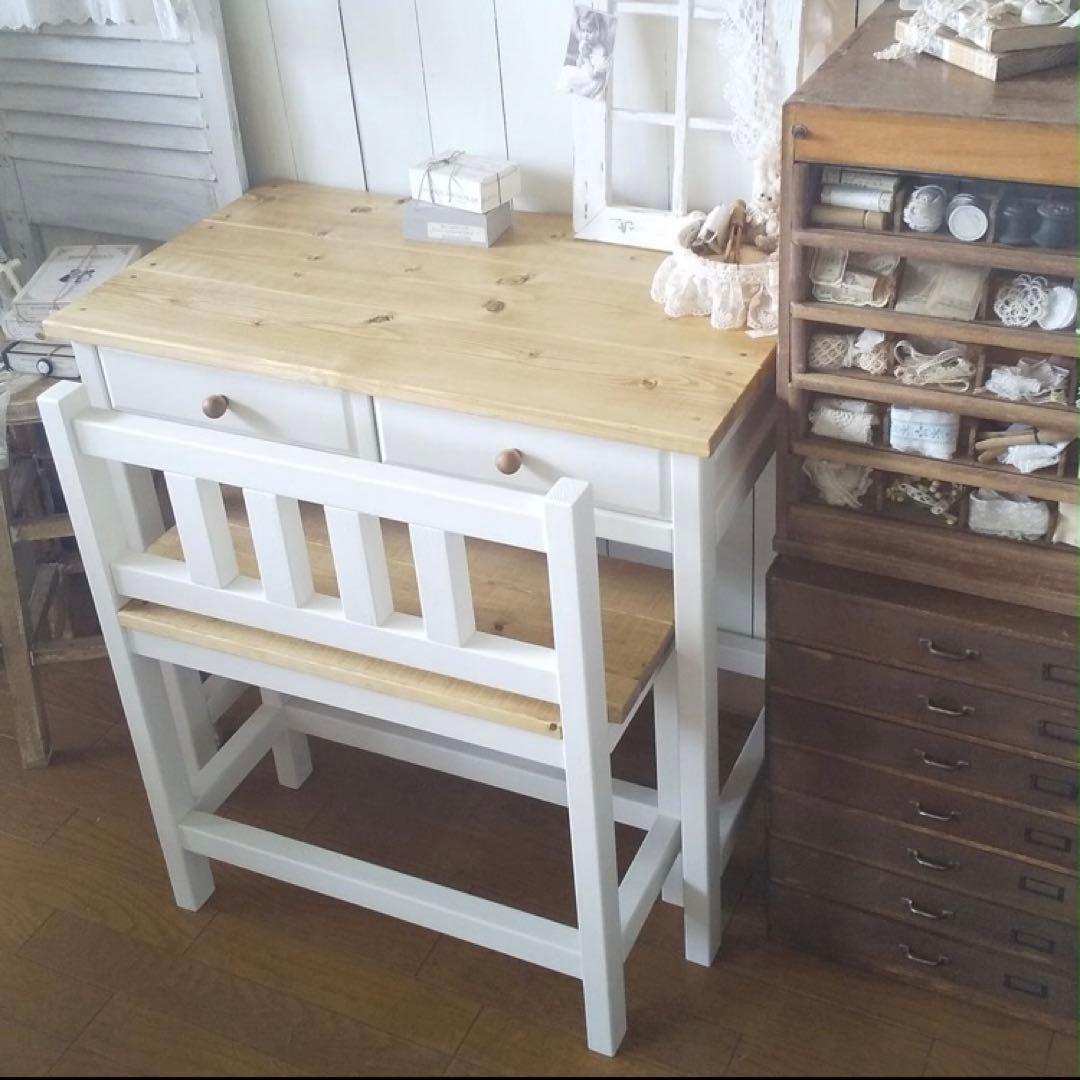 ハンドメイド　ナチュラル　デスク　机　木製　ホワイト　インテリア　勉強机　学習机