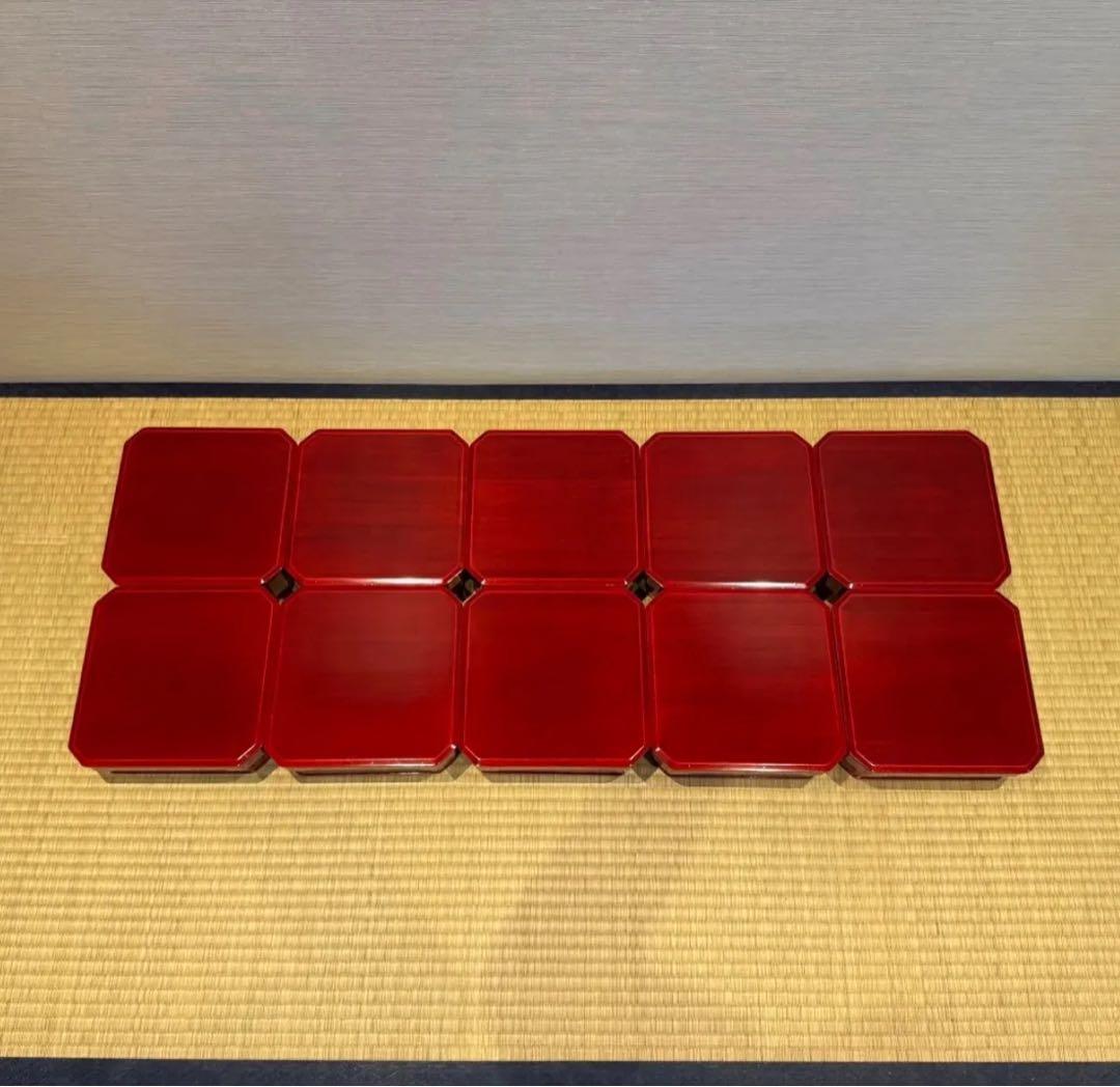 塗師 堅地屋清兵衛 作 飛騨紅春慶塗 大徳寺弁当箱 10客 縁高 共箱 茶懐石