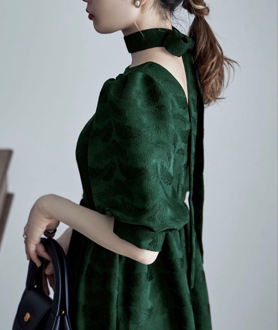 etoll.　ジャガードパフスリーブドレス　グリーン　Mサイズ