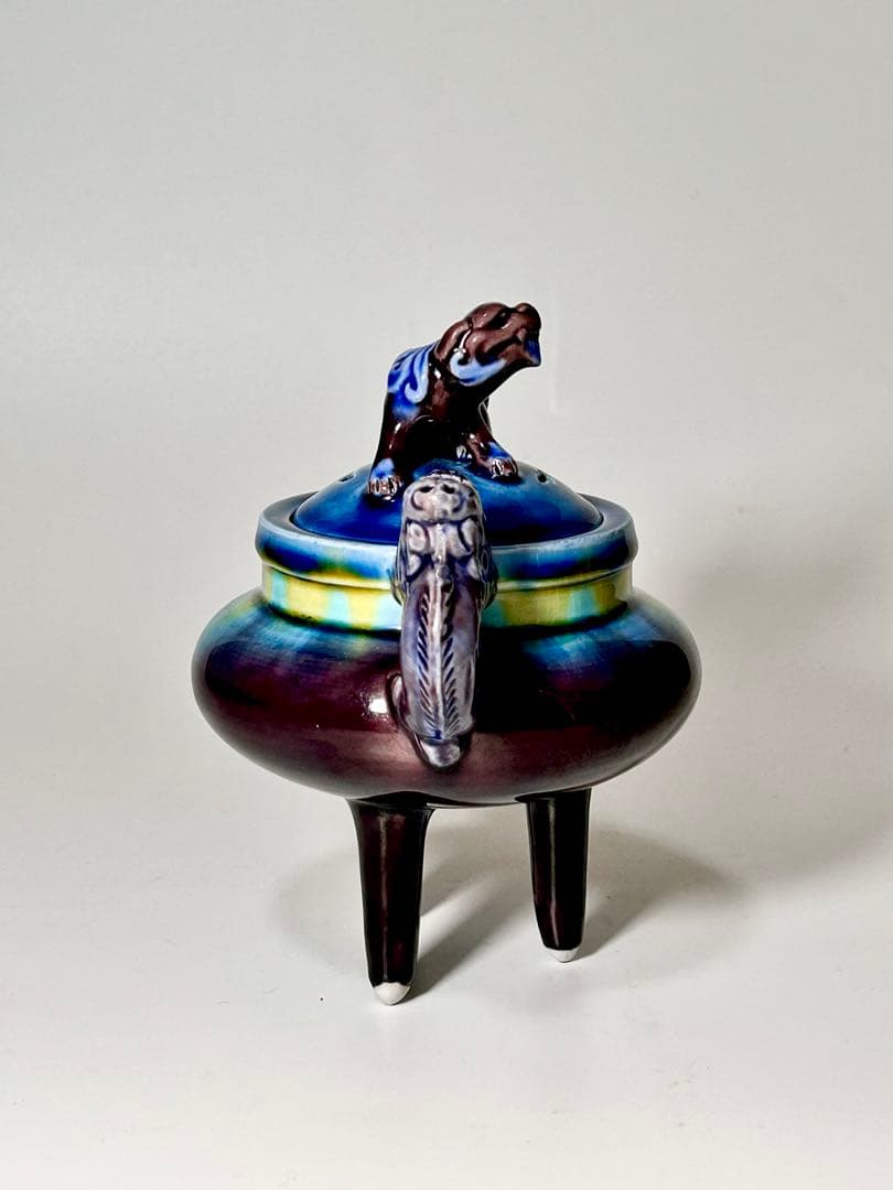 人間国宝 三代徳田八十吉 碧明釉三足香炉 九谷焼