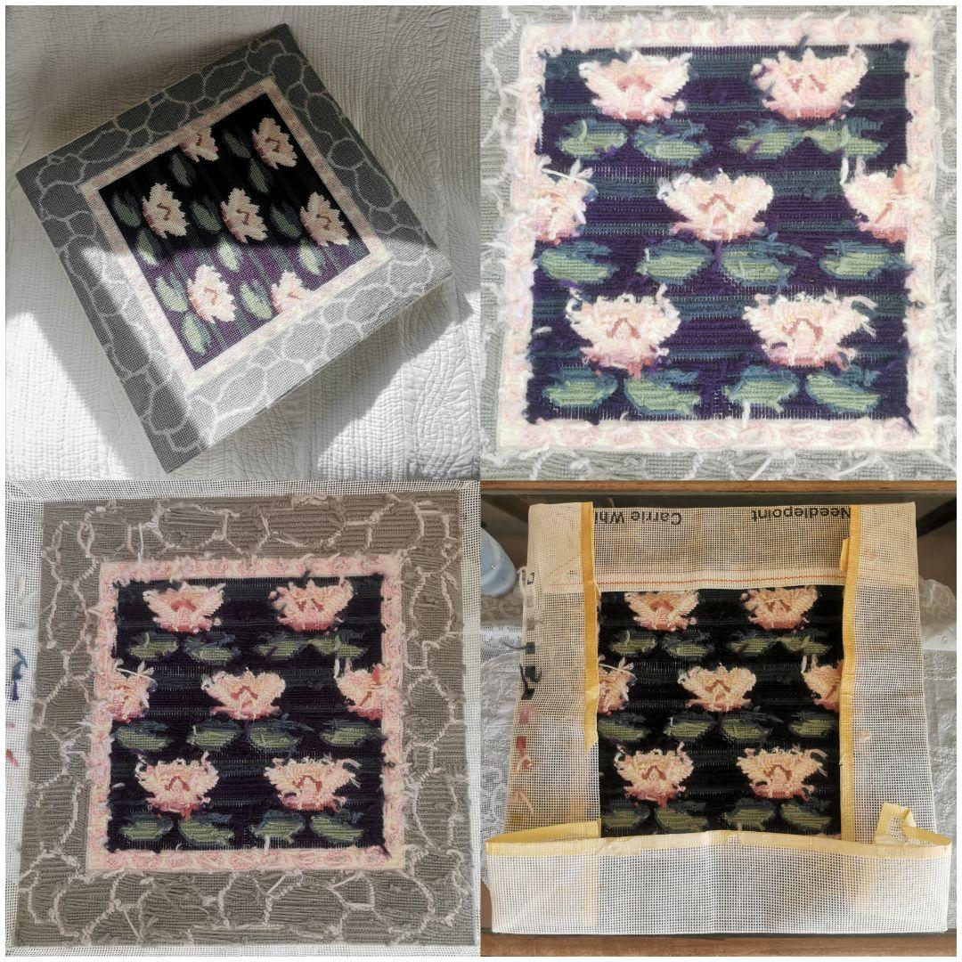 アンティークイギリス ニードルポイント 北欧風 蓮池 ピンクロータスの咲く碧い湖