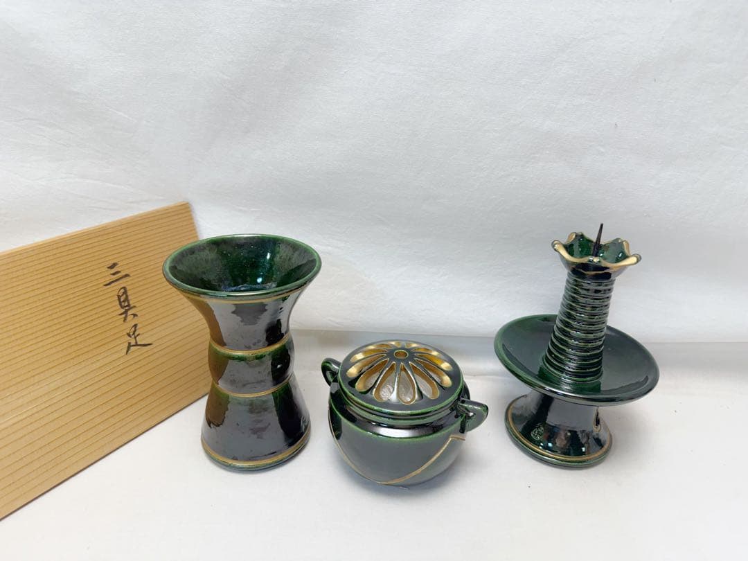 未使用 茶道具 七世 和楽作 青楽 三ツ具足 陶印 利休忌 七事式 共箱