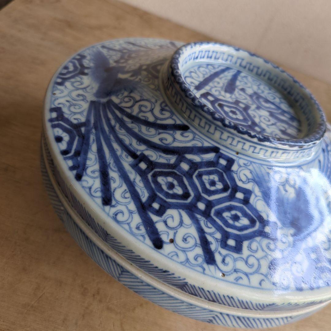 骨董 伊万里 蓋付 染め付け 亀甲紋様 物入れ 器 アンティーク