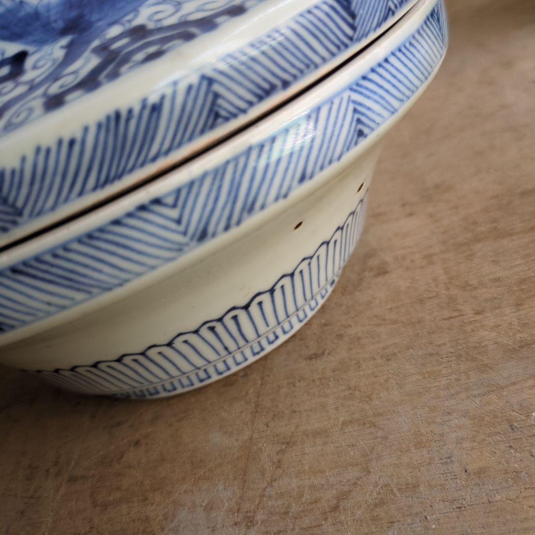 骨董 伊万里 蓋付 染め付け 亀甲紋様 物入れ 器 アンティーク