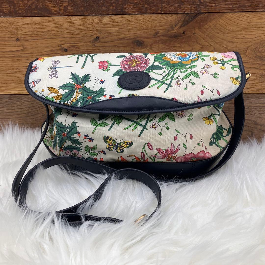 専用GUCCI オールド グッチ　フローラ キャンバスネイビーレザー ショルダー