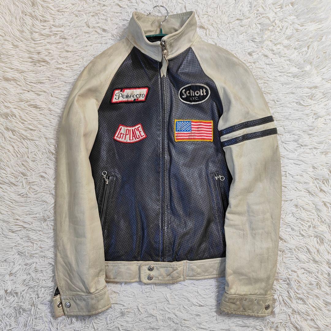 良品　Schott メッシュシングルライダースジャケット バイカラー M