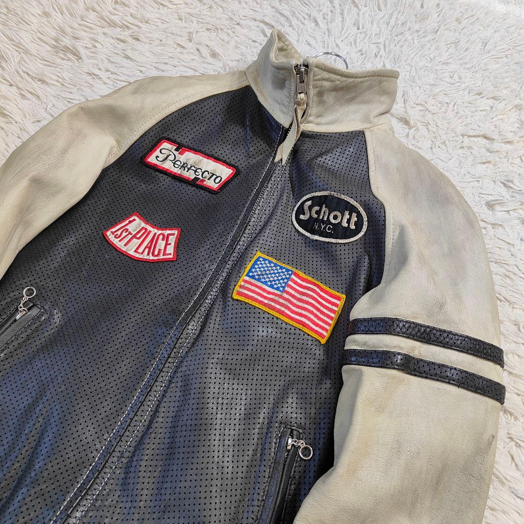 良品　Schott メッシュシングルライダースジャケット バイカラー M