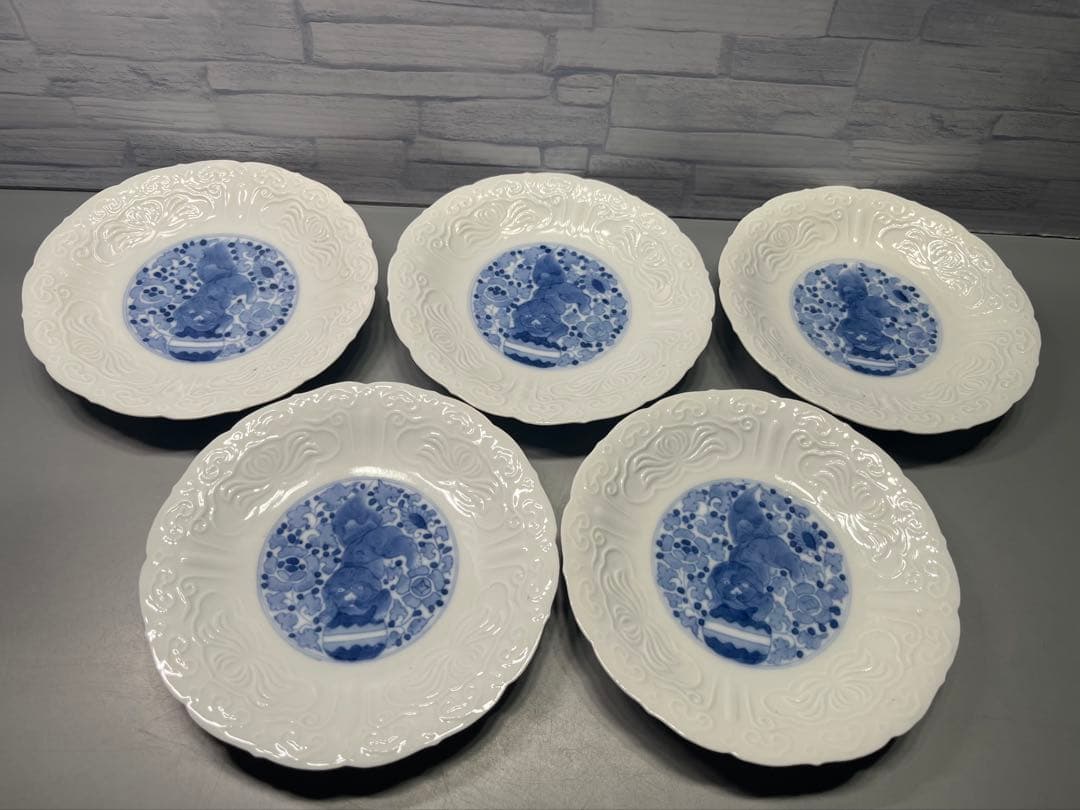 幕末〜　源六製　白磁　陽刻　唐獅子　染付皿　五枚