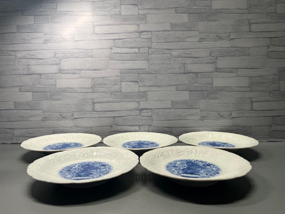 幕末〜　源六製　白磁　陽刻　唐獅子　染付皿　五枚