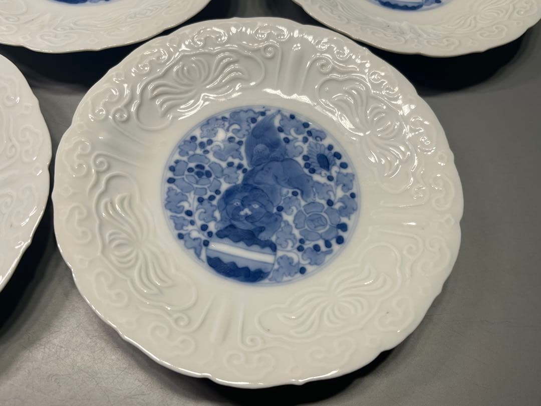 幕末〜　源六製　白磁　陽刻　唐獅子　染付皿　五枚