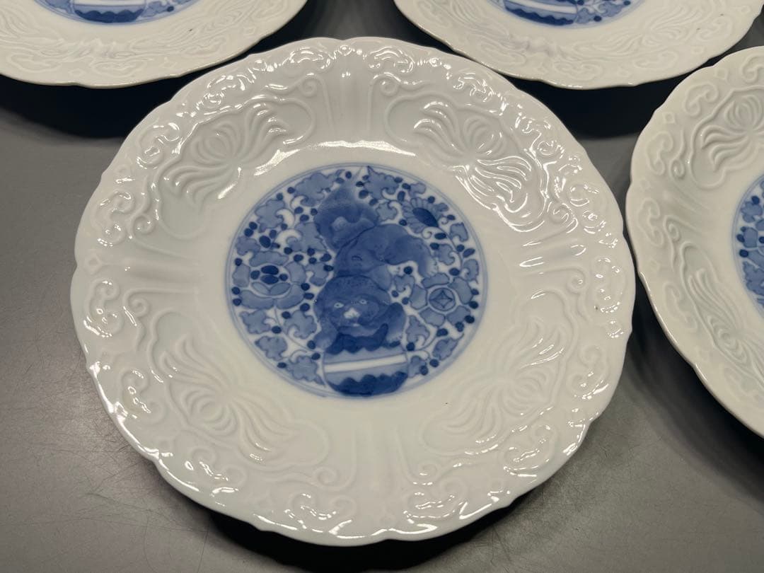 幕末〜　源六製　白磁　陽刻　唐獅子　染付皿　五枚