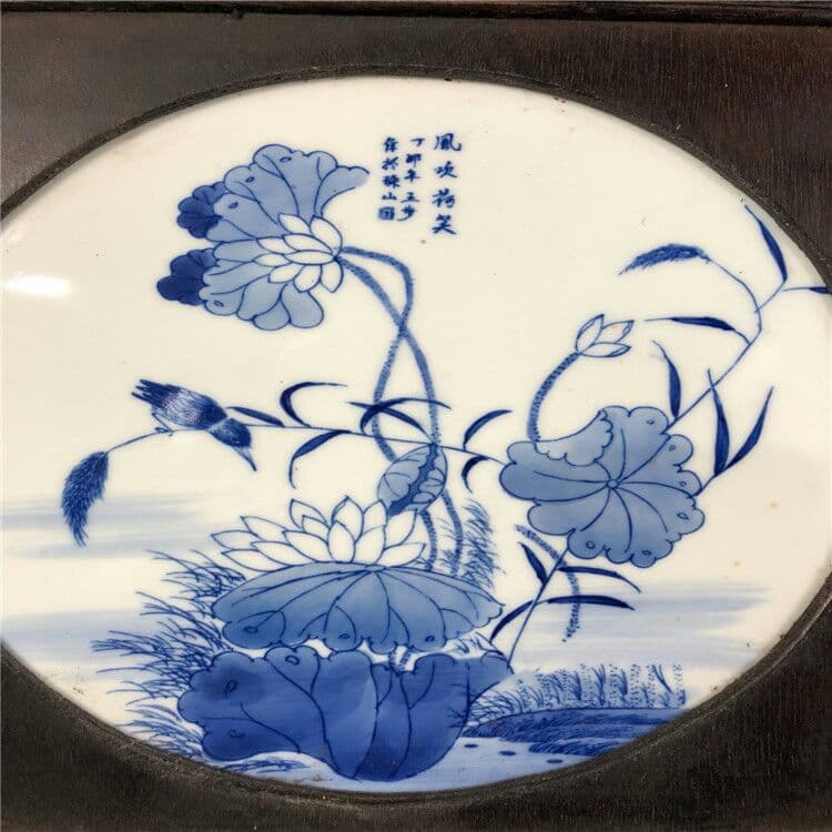 陶磁手描き青花風吹荷笑陶板絵古木枠象眼陶板古典的なインテリアストラップ