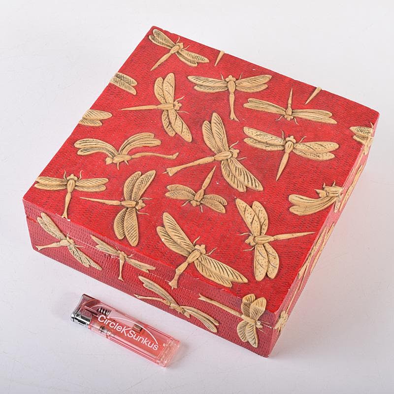 中国　彩色玉石彫刻　蜻蛉彫　四方箱　D　R8492