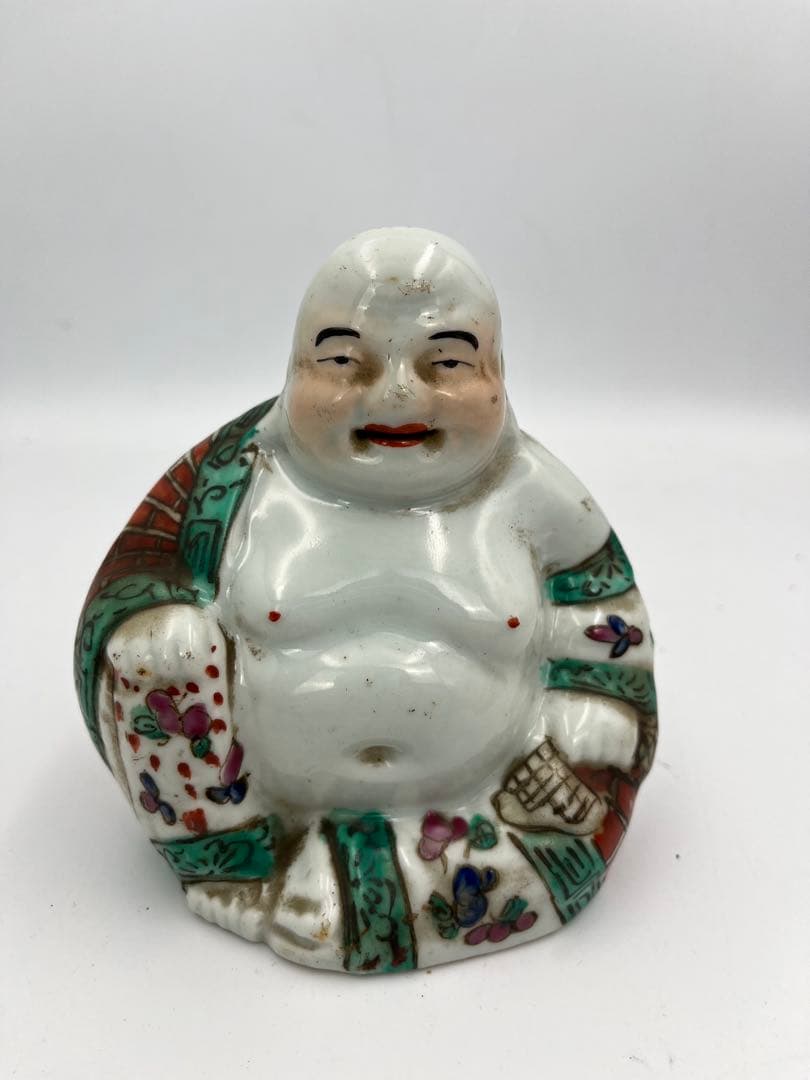 中国美術清時代仏像 置物 弥勒 粉彩 赤絵中皿ニュウあり