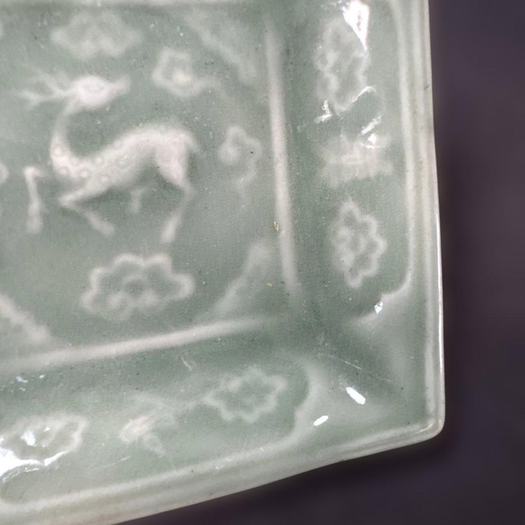 G26 送料無料　三田青磁　鹿の図　角皿　2枚　古美術　和骨董