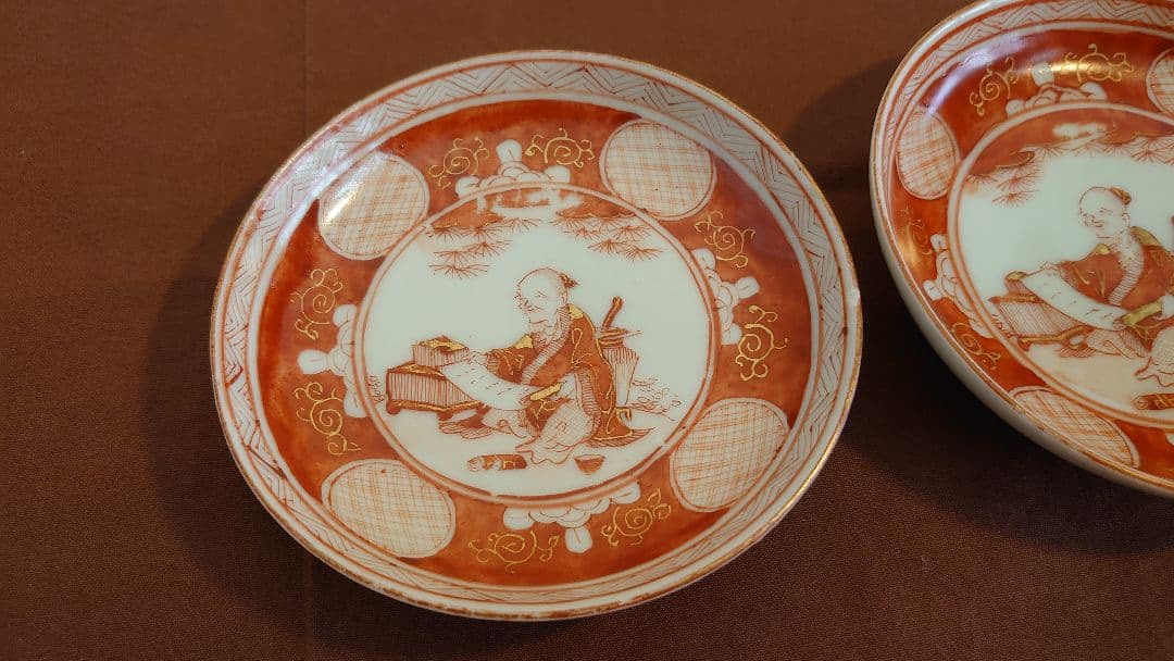 古九谷　九谷焼　赤絵　宮本窯　飯田屋　浅井一毫　アンティーク九谷焼　２客