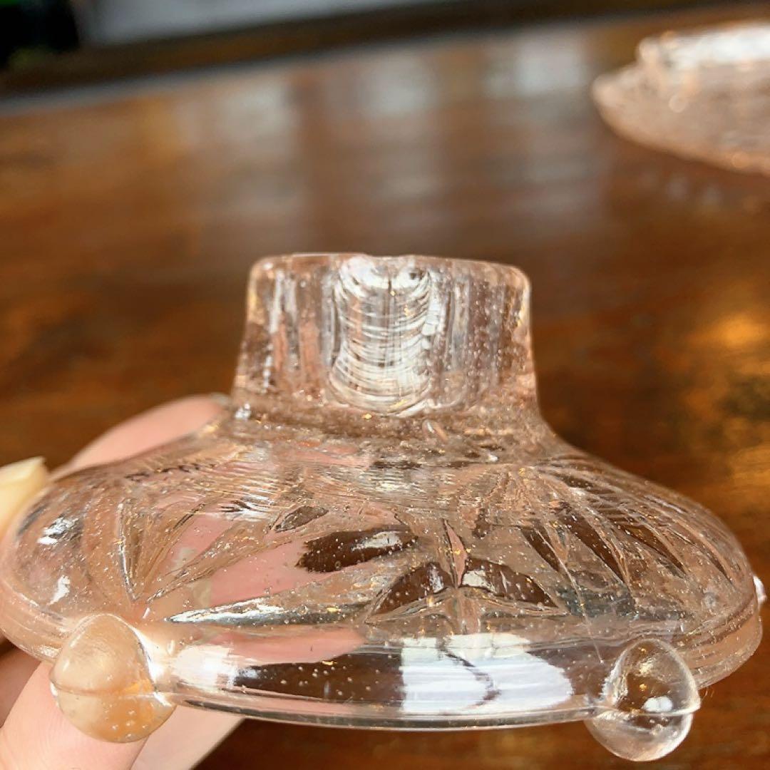 アンティーク ピンクガラスのプレート キャンドルスティック 小物入れ 4点揃え