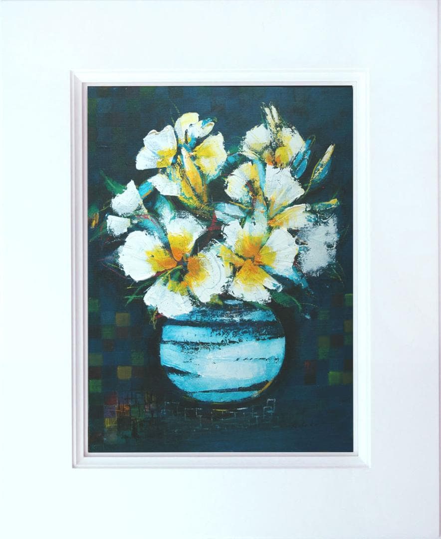 油絵 菅家令子 絵 絵画インテリア 額付(青緑＋金色の枠)uF6-063604花