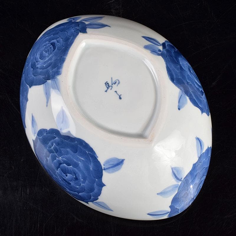陶芸家　黒部駒子作　染付　椿文　楕円鉢　共箱　V　R9347