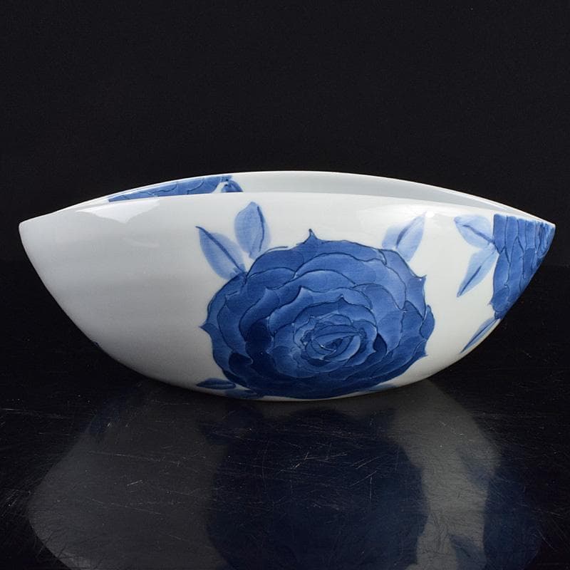 陶芸家　黒部駒子作　染付　椿文　楕円鉢　共箱　V　R9347