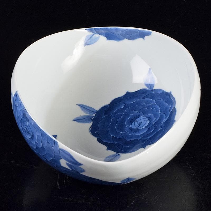 陶芸家　黒部駒子作　染付　椿文　楕円鉢　共箱　V　R9347