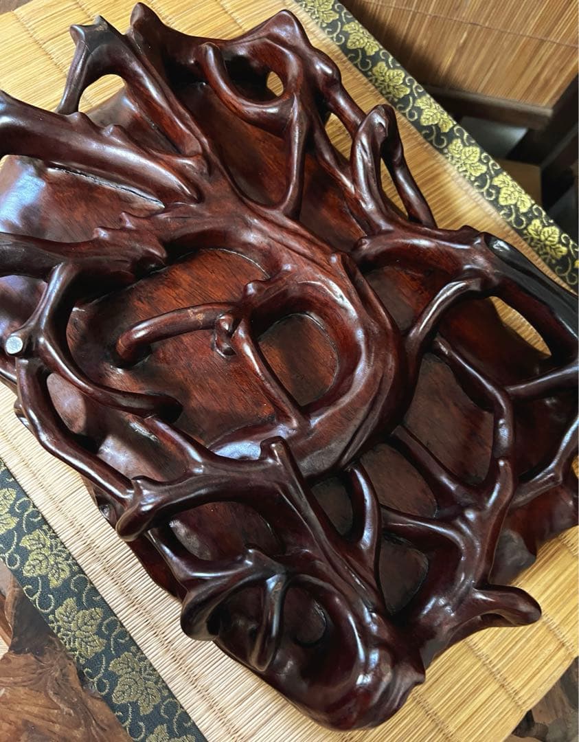 根卓 天然無垢材 透かし根彫り 花台 香台 盆栽台 約3㎏