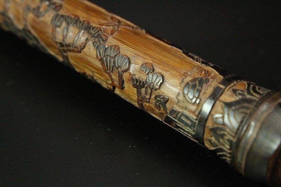 竹 刻花鳥 小筒 高11cm 提物 旧家蔵出