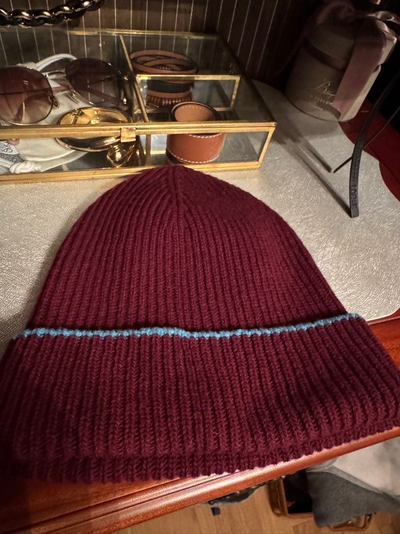 ロエベ バーガンディ リブ編み ニット帽ウール