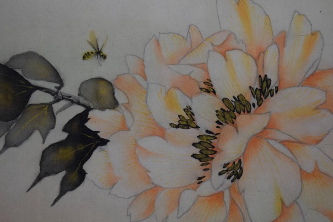 真作/華邨/玉堂富貴図/牡丹図/桐共箱付/布袋屋掛軸HG-450