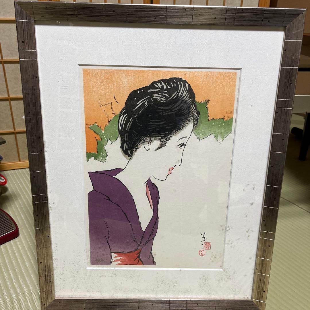 日本画 女性の横顔 紫とオレンジ